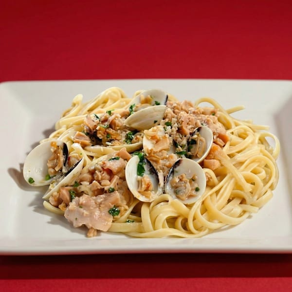 Linguine pasta with clams, chopped garlic, and parsley on a white rectangular plate.