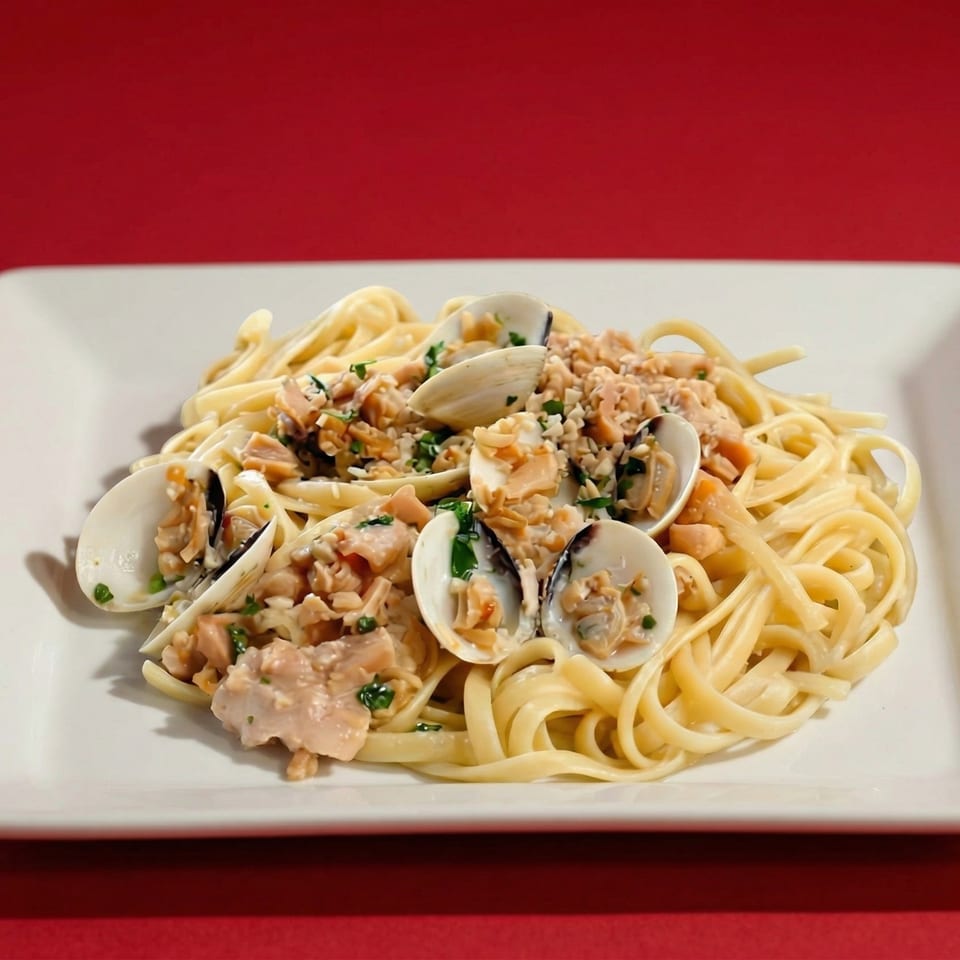 Linguine pasta with clams, chopped garlic, and parsley on a white rectangular plate.