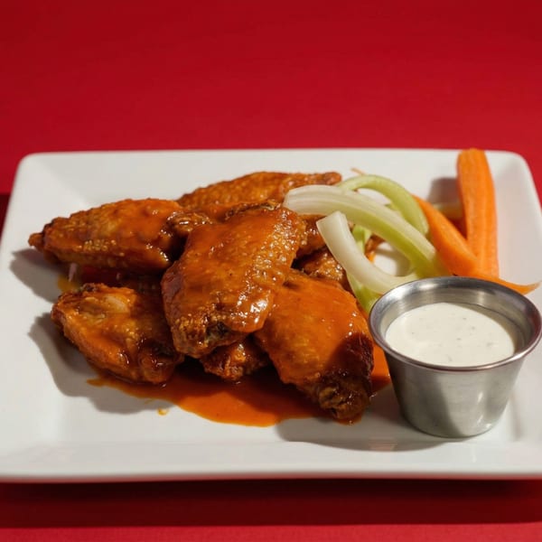 A plate of buffalo chicken wings with celery, carrots, and a side of ranch dressing.