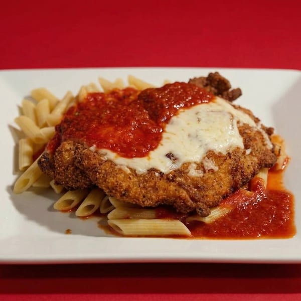 Chicken parmesan with penne pasta and marinara sauce on a white plate.