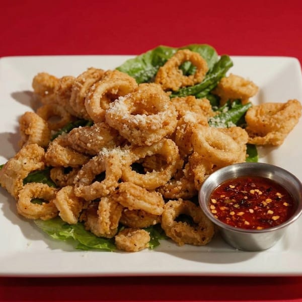 Crispy fried calamari rings with parmesan cheese and a side of spicy red dipping sauce.