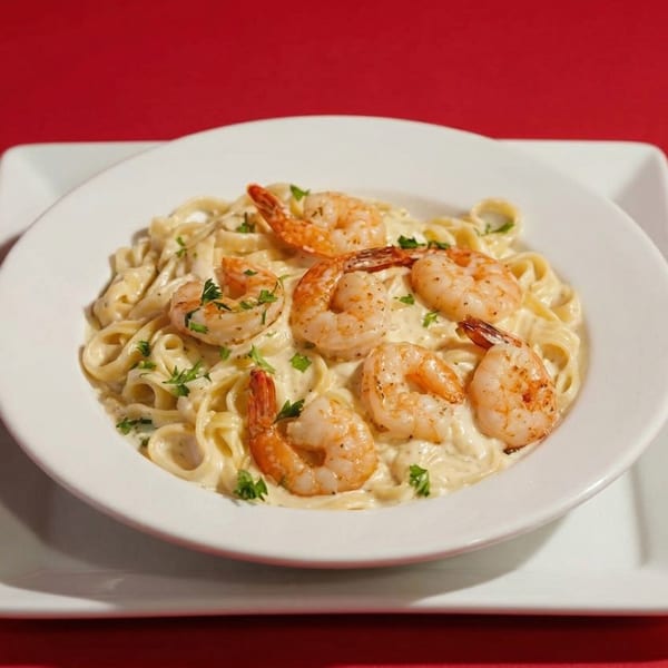 Shrimp fettuccine alfredo with parsley garnish in a white bowl on a red background.