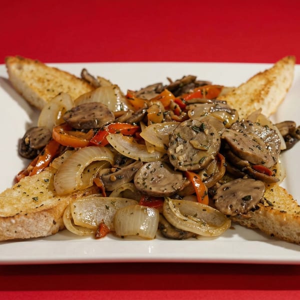 Sautéed mushrooms, onions, and red peppers with herbs, served with toasted bread on a white plate.